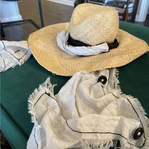 ALESSANDRA RIVERA STRAW HAT - NATURAL WHITE SCARF GROSGRAIN DETAIL CHIC DESIGNER
